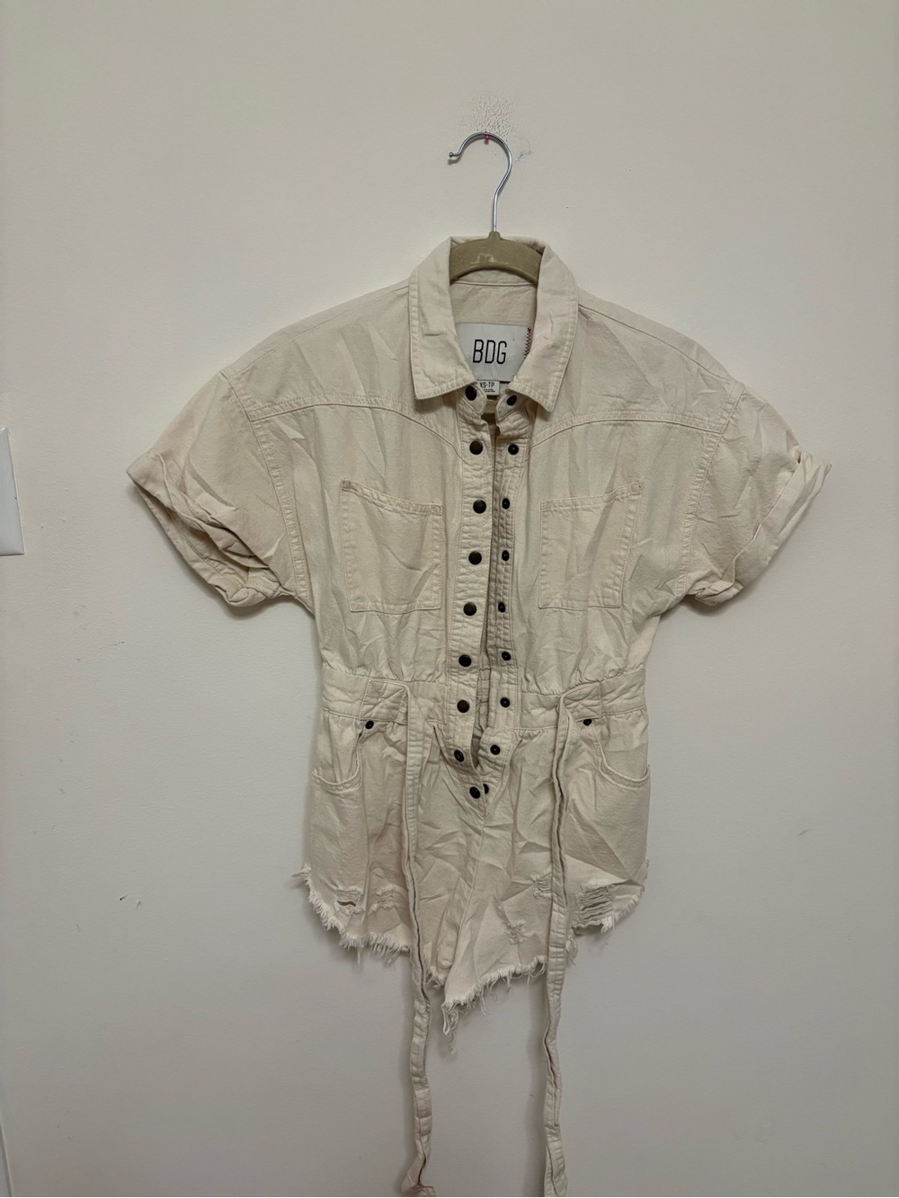 BDG Urban Outfitters Distressed Denim Romper Jumpsuit Cream XS Y2K Gorpcore